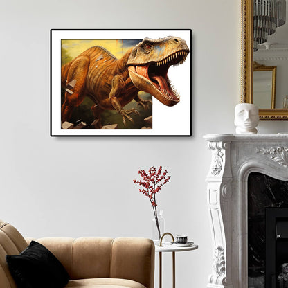 Dinosaur diamond art kit displayed on the wall, capturing the wonder of these ancient creatures, ideal for diamond painting home decor.