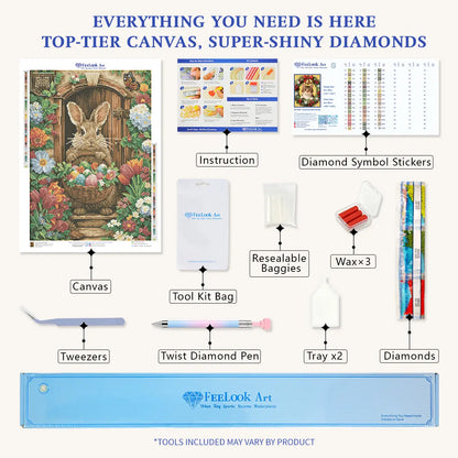 Complete Doorstep Bunny diamond painting kit with canvas, diamonds and tools - FEELOOK Art