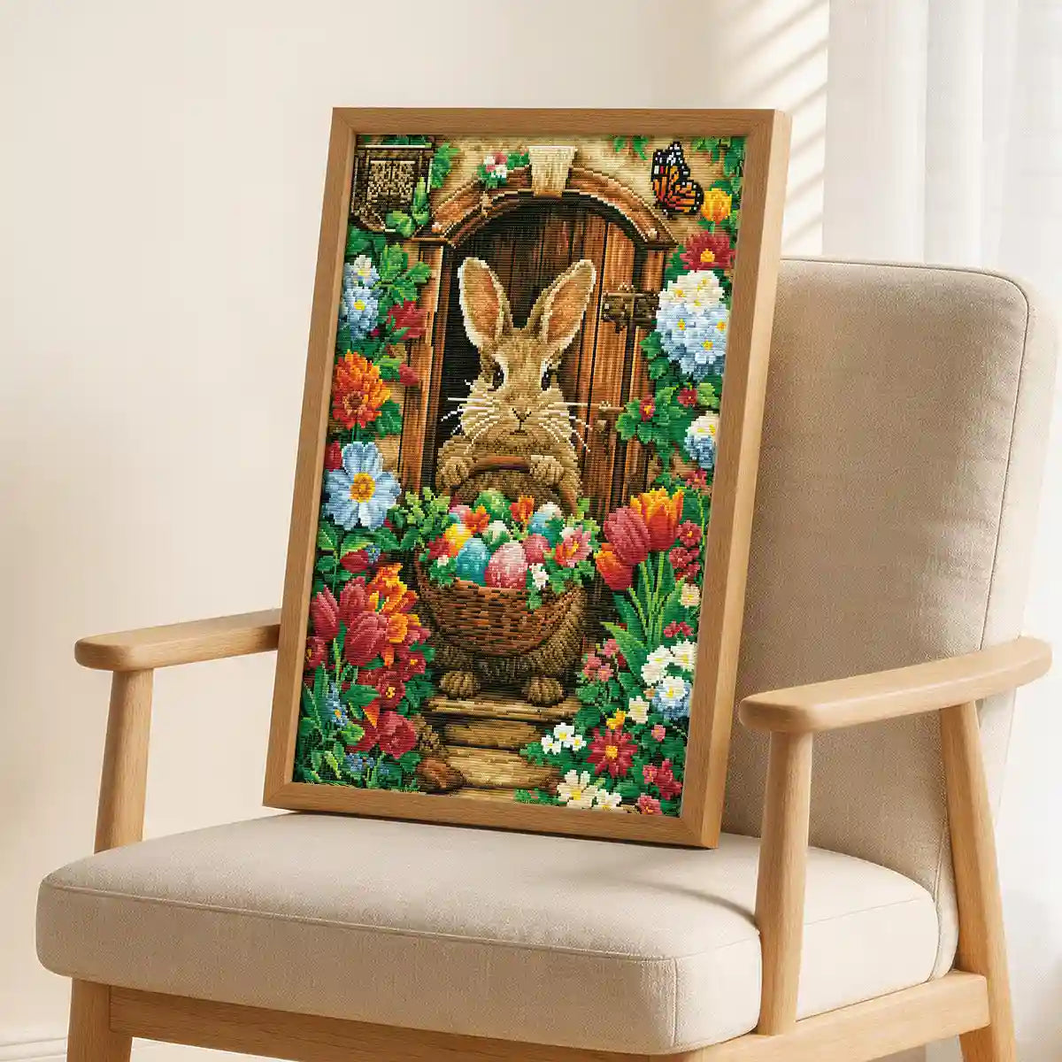 Doorstep Bunny diamond painting as living room spring wall decor - FEELOOK Art