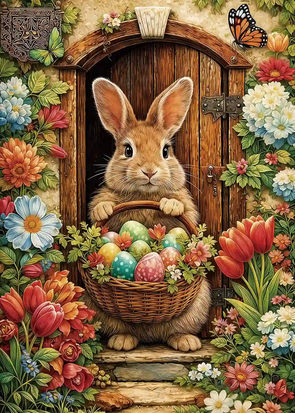 Cute bunny with Easter egg basket at cottage floral doorstep diamond painting - FEELOOK Art