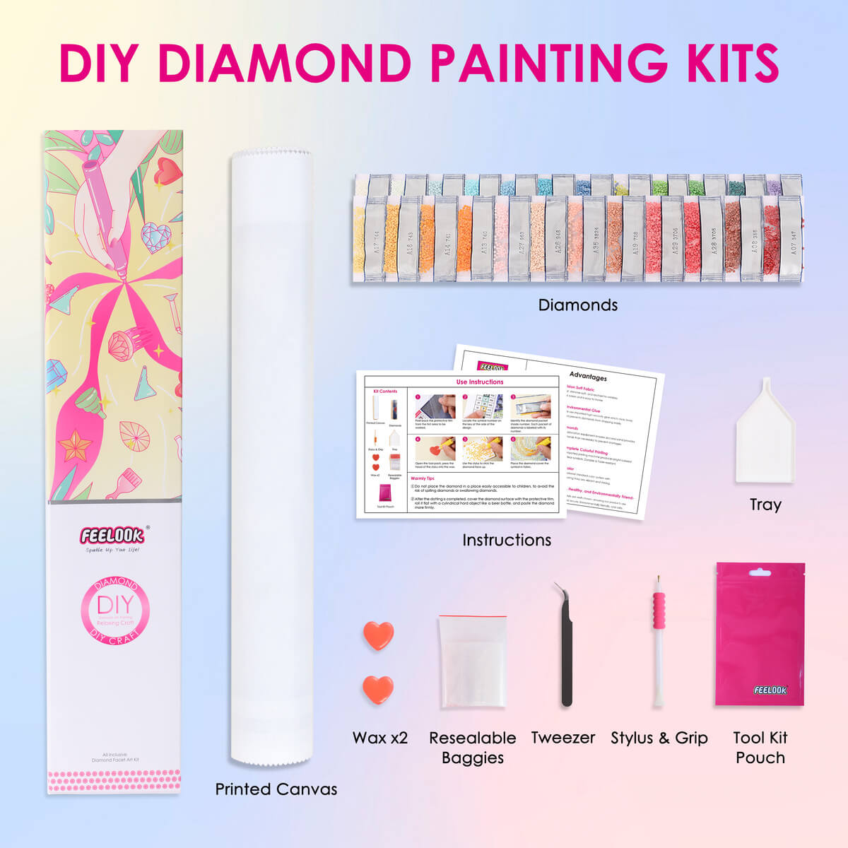 Complete Dopamine Car diamond painting kit including full drill diamonds, diamond painting tools, and colorful diamonds.