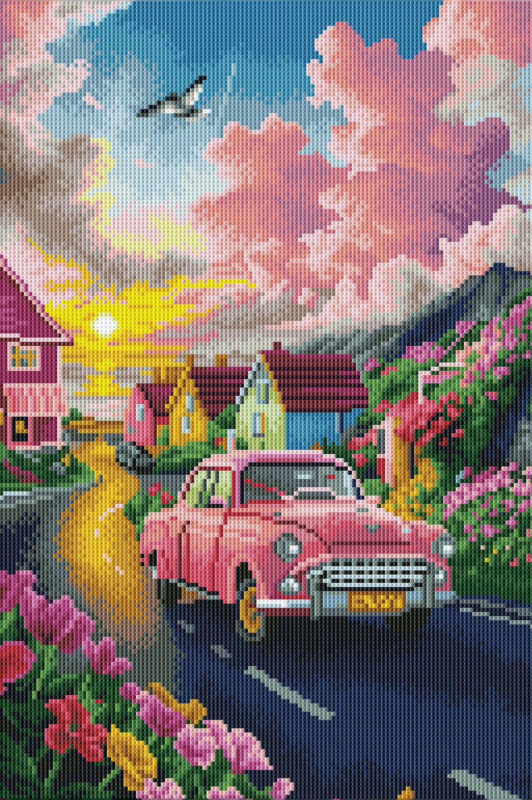 Rendered view of the Dopamine Car diamond painting kit, showcasing the full drill diamond painting design with sparkling diamonds.