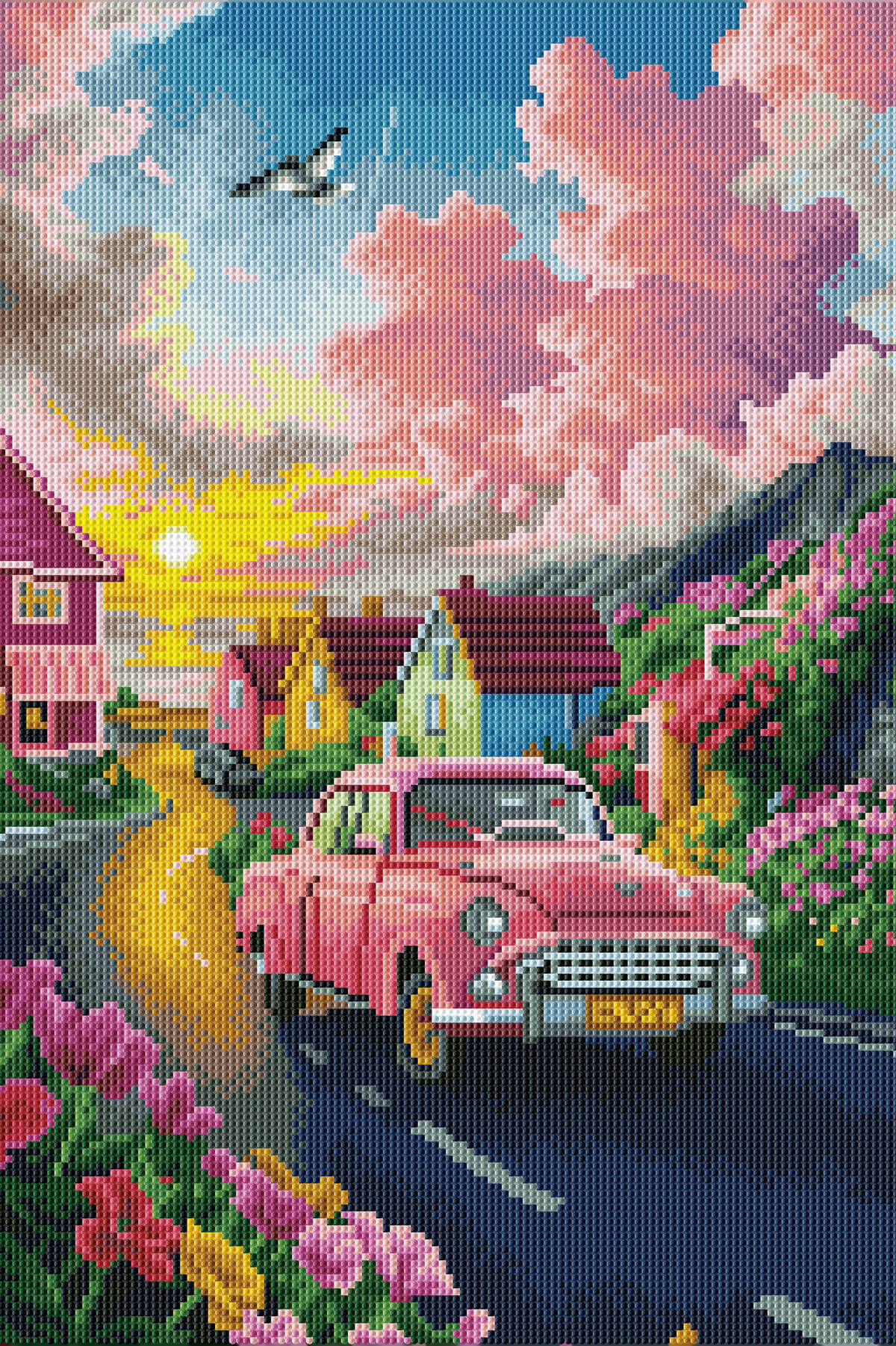 Rendered view of the Dopamine Car diamond painting kit, showcasing the full drill diamond painting design with sparkling diamonds.