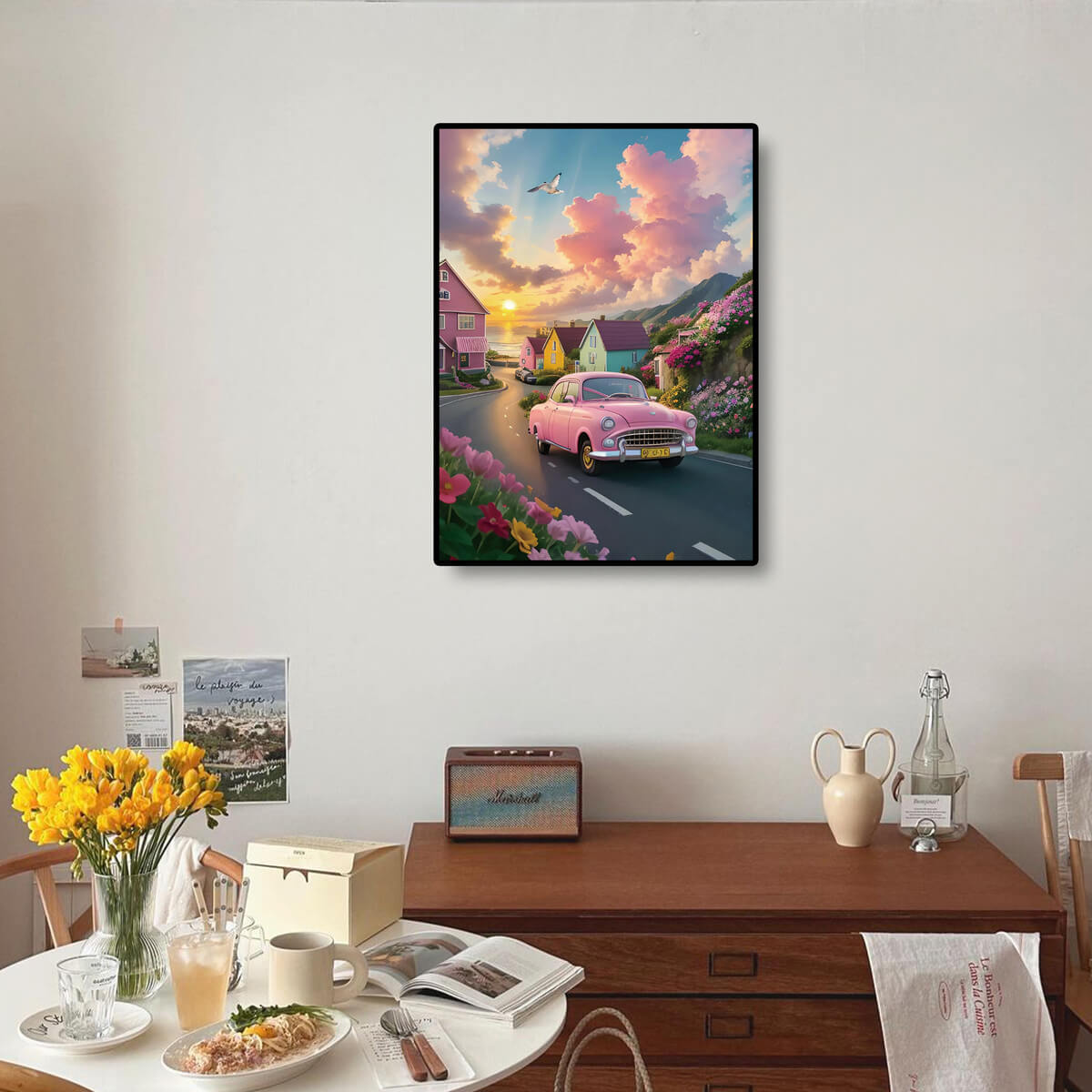 Dopamine Car diamond painting kit on wall, showcasing the full drill diamond painting with vibrant colors and sparkling diamonds.