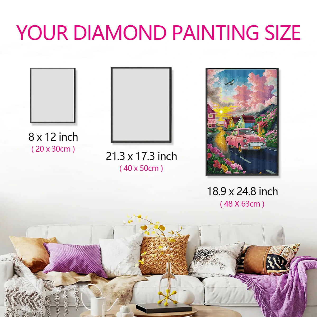Size comparison for Dopamine Car diamond painting kit, showing the full drill diamond painting proportions in a living room setting.