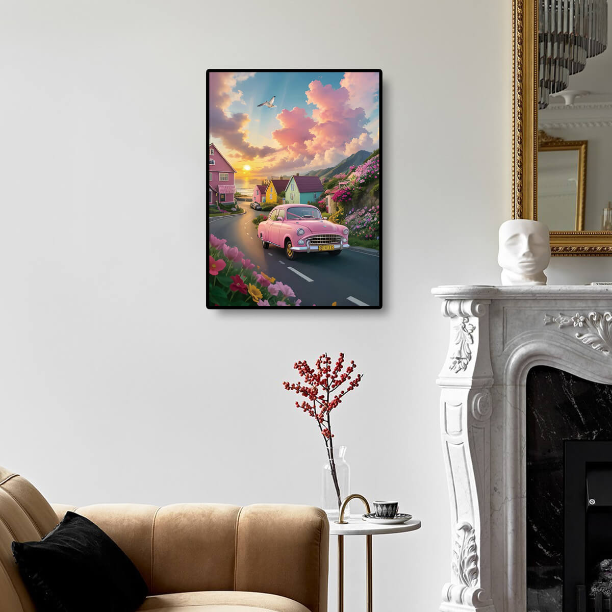 Dopamine Car diamond painting kit displayed as wall art, featuring a full drill diamond painting with vivid diamonds.