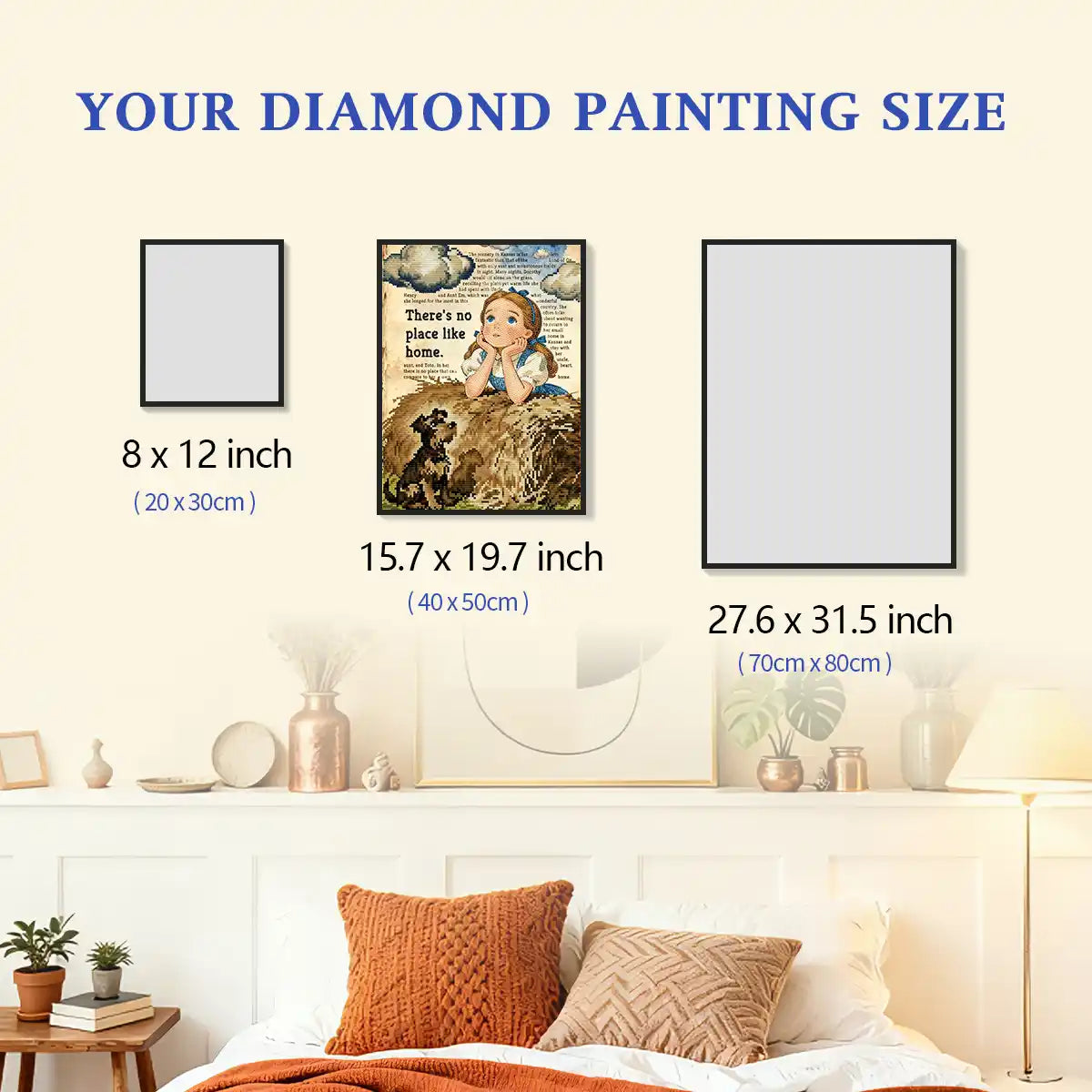 Dorothy diamond painting framed and hung on a wall with size comparison, displayed in a home setting for scale reference – FEELOOK Art