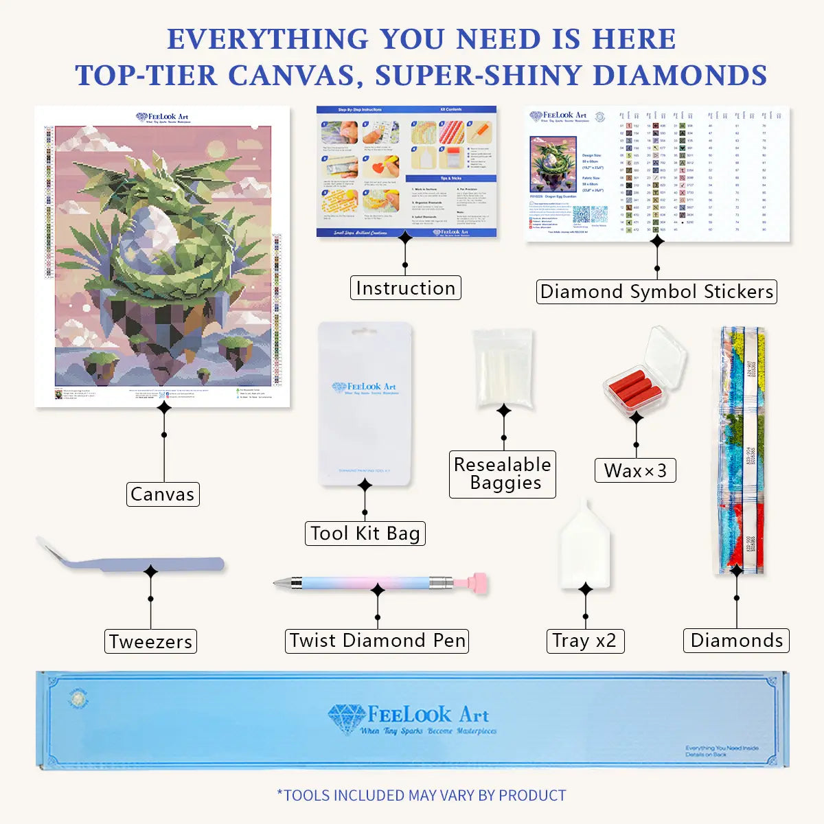 Dragon Egg Guardian 5D diamond painting kit contents, complete DIY craft supplies with tools & diamonds - FEELOOK Art
