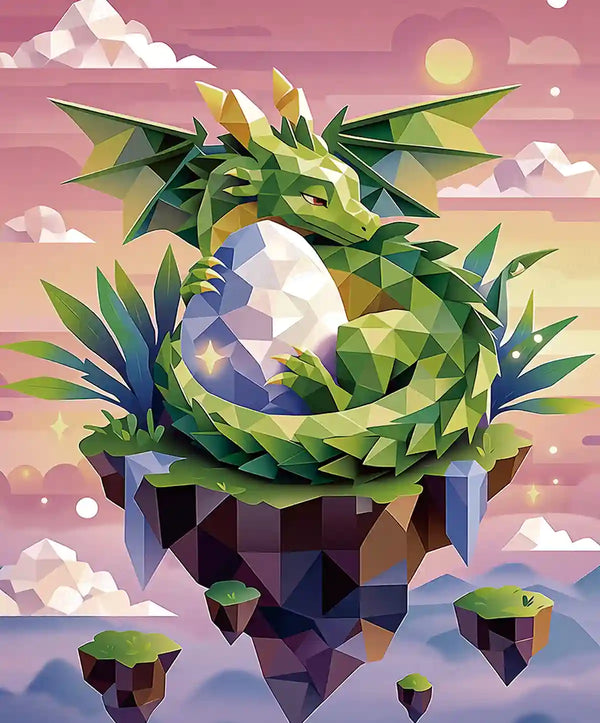 Dragon Egg Guardian 5D diamond painting, low poly green dragon guarding glowing egg on floating island, fantasy diamond art - FEELOOK Art