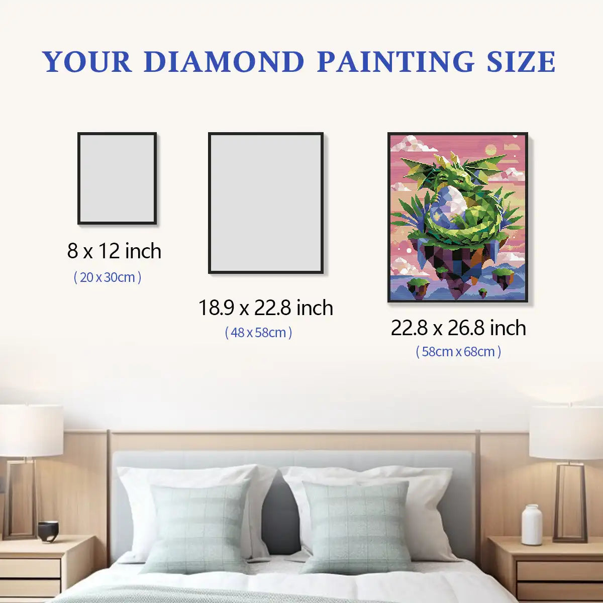 Dragon Egg Guardian diamond painting size options chart, DIY craft size reference for home decor - FEELOOK Art