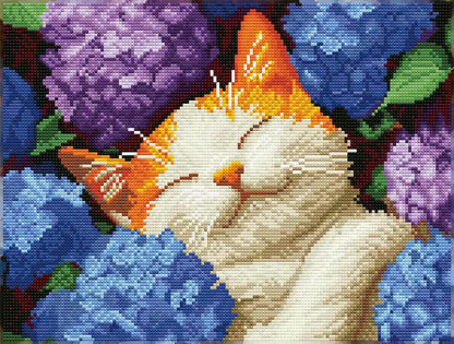 Finished Dream Cat With Hydrangeas diamond art with soft, healing colors and delicate flower details – FEELOOK Art