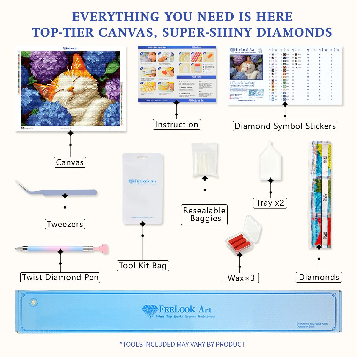 Diamond painting kit for Dream Cat With Hydrangeas including applicator pen, tray, wax, and shining diamonds – FEELOOK Art