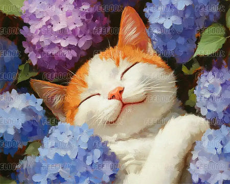 Dream Cat With Hydrangeas diamond painting featuring a relaxed orange and white cat surrounded by purple and blue hydrangeas – FEELOOK Art