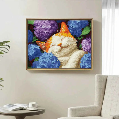 Dream Cat With Hydrangeas diamond painting displayed in a cozy home setting, bringing warmth and tranquility – FEELOOK Art