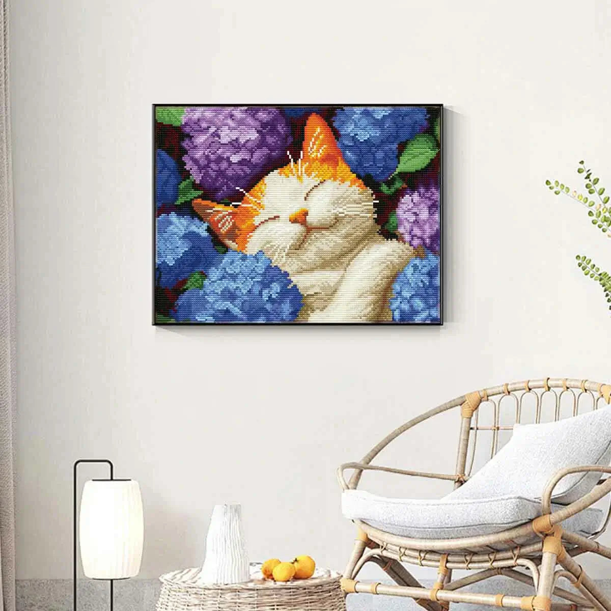 Dreamy display of Dream Cat With Hydrangeas diamond art with soft floral and soothing colors – FEELOOK Art