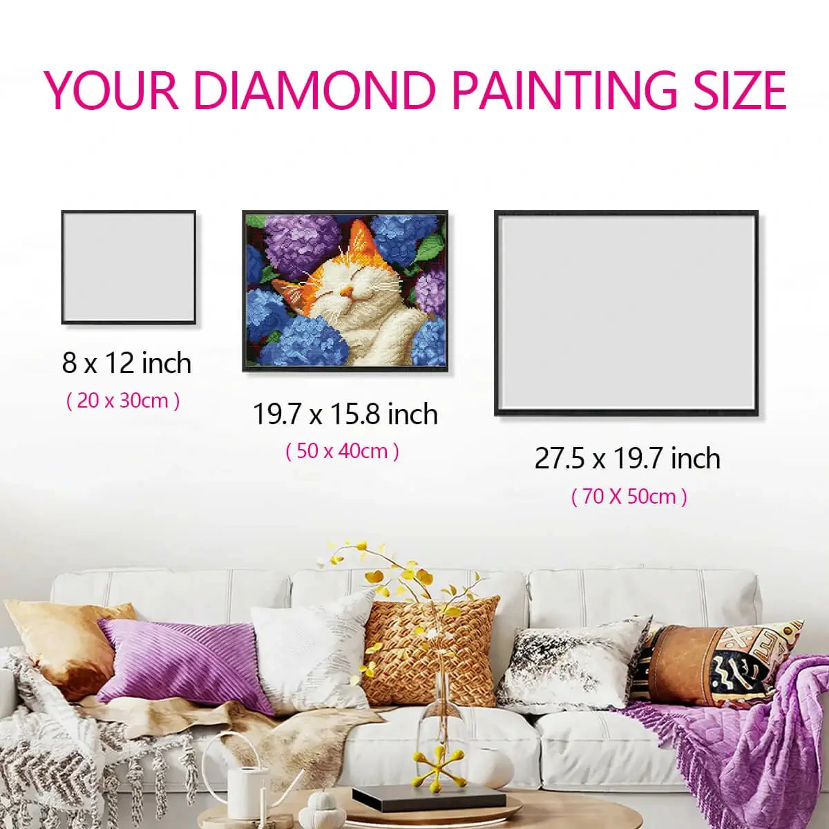 Size reference for Dream Cat With Hydrangeas diamond painting with hand for scale – FEELOOK Art