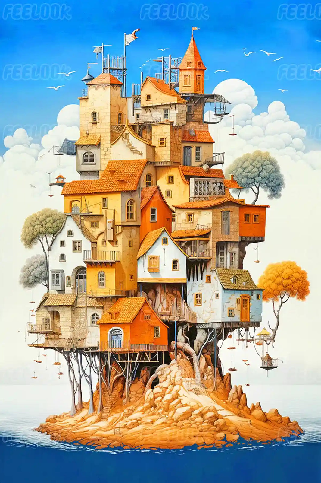 Dream Castle diamond painting kit featuring a fantasy castle with a hanging bridge