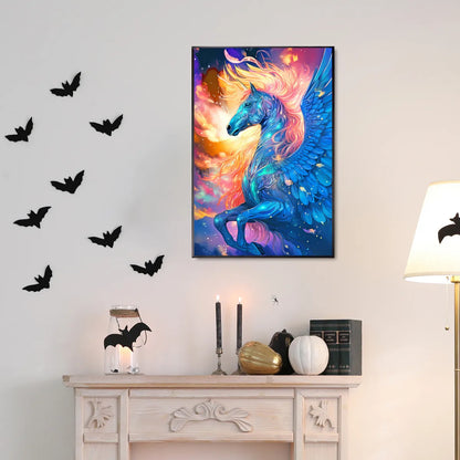 Celestial Pegasus diamond painting hanging in stargazer-themed room.