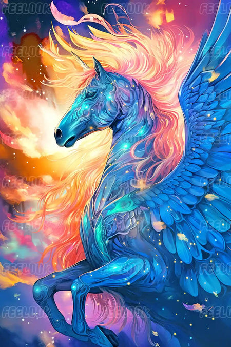 Dream Pegasus diamond painting kit with full drill round diamonds showing a glowing celestial winged horse.