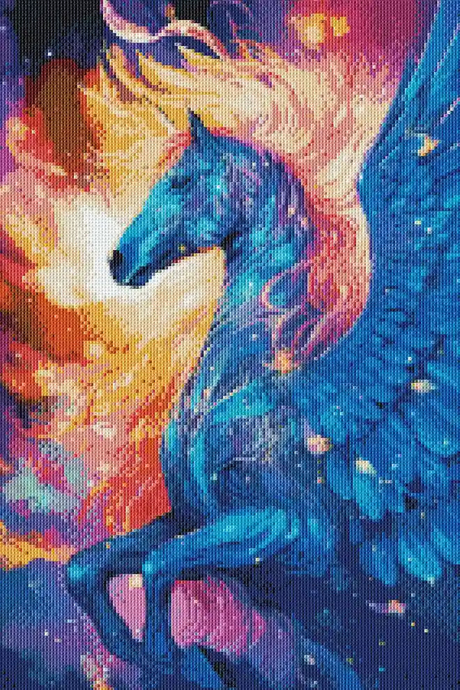 Starry sky diamond art with flying Pegasus in fantasy-themed night scene.