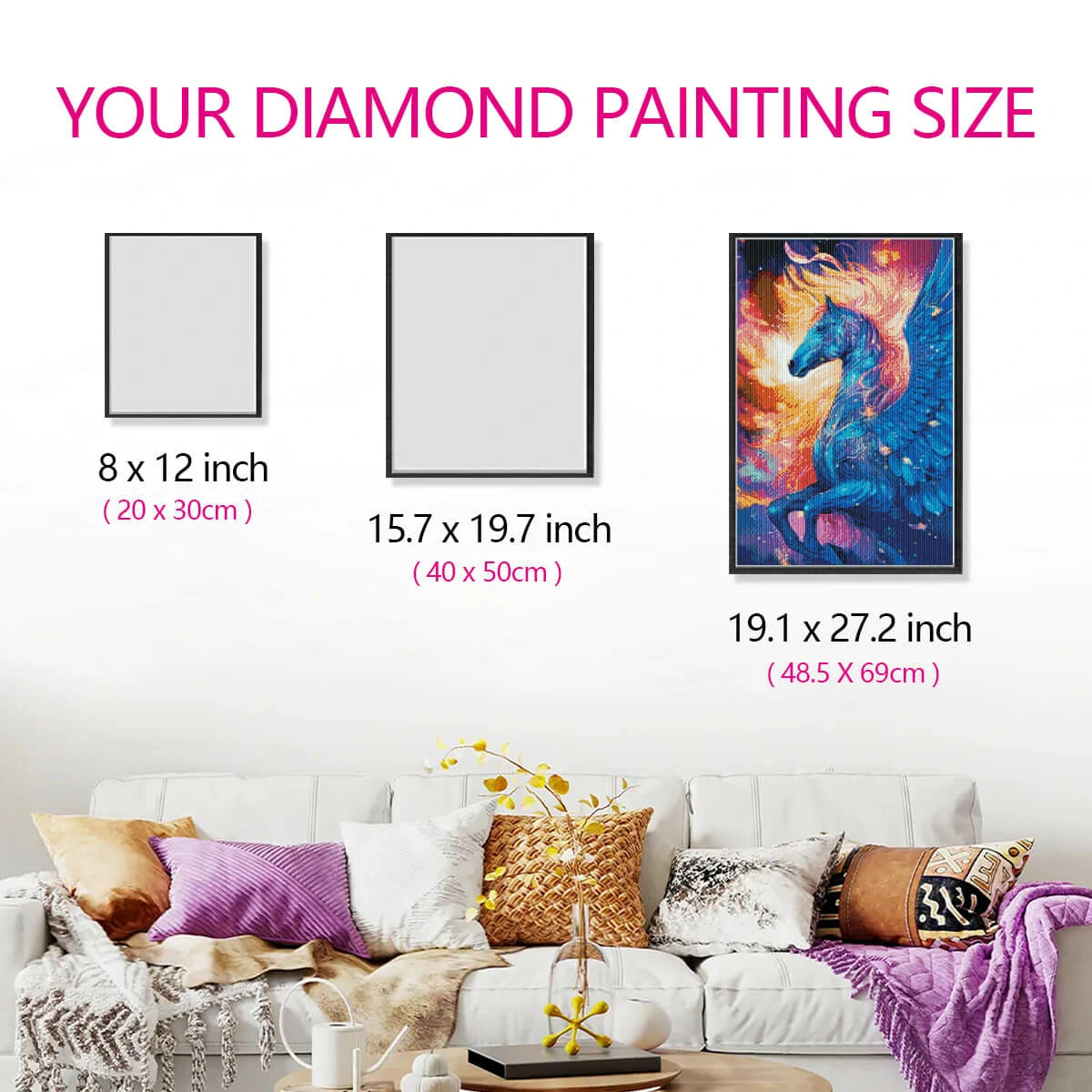 Size guide of Dream Pegasus canvas for fantasy lovers and beginners.