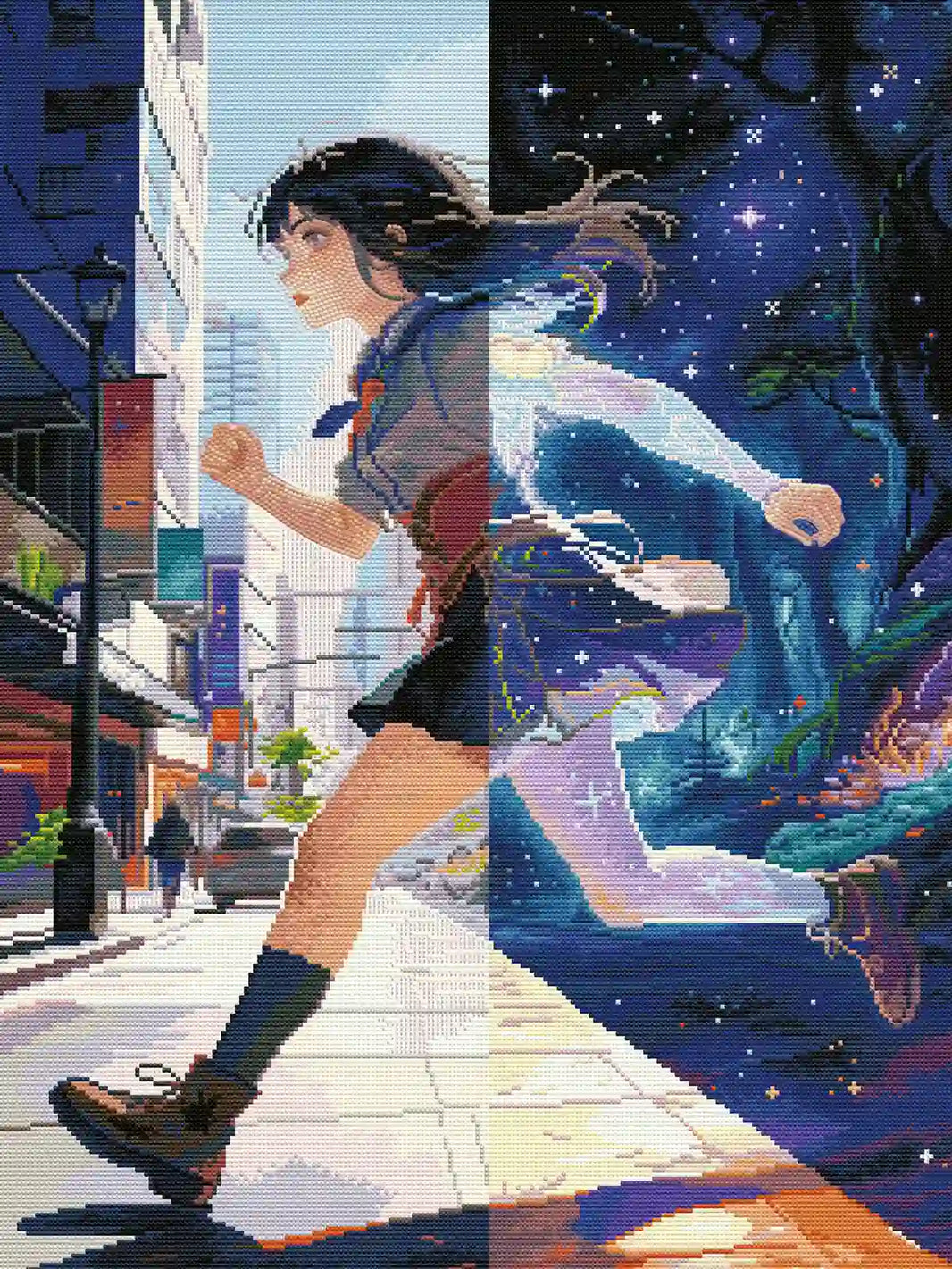 Completed Dream Runner 5D diamond painting: seamless city-magical split with glowing details - FEELOOK Art