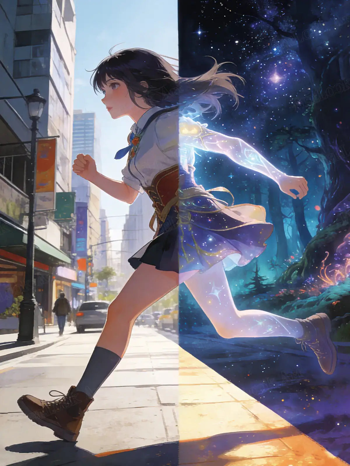 Main image of Dream Runner 5D diamond painting: split-scene of city runner & magical starscape figure - FEELOOK Art
