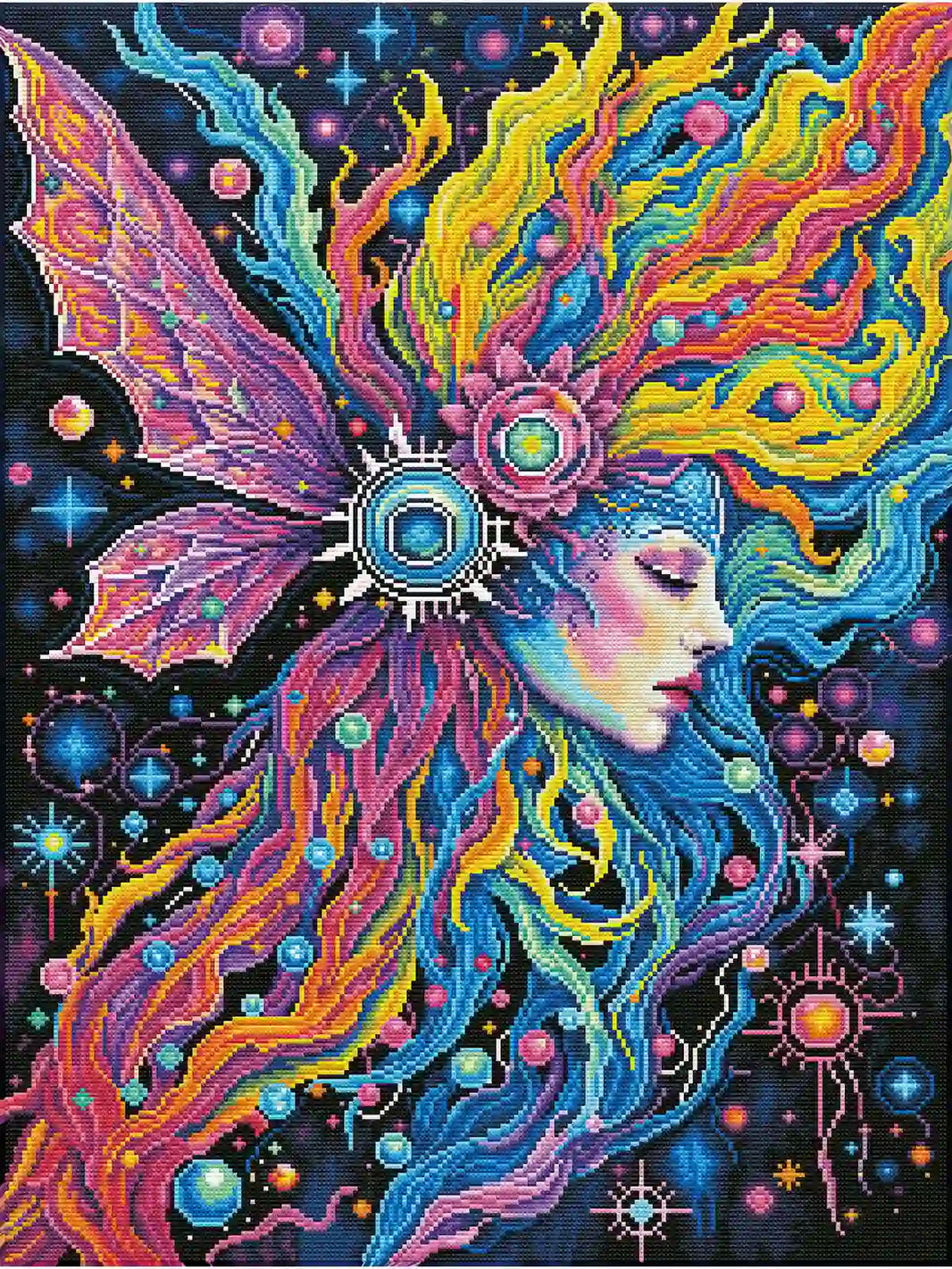 Completed Dreaming In Color diamond painting with vibrant AB and neon drills sparkling on fantasy art - FEELOOK Art