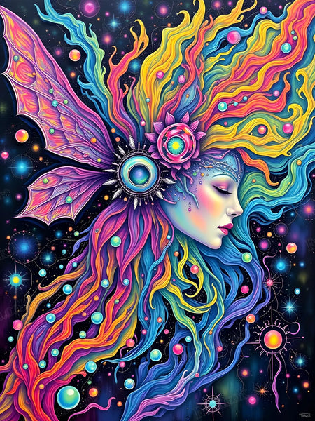 Dreaming In Color diamond painting kit featuring Tabz Jones fantasy face with neon rainbow hair - FEELOOK Art