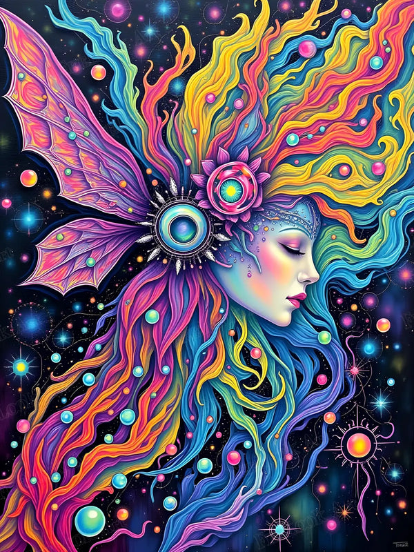 Dreaming In Color diamond painting kit featuring Tabz Jones fantasy face with neon rainbow hair - FEELOOK Art