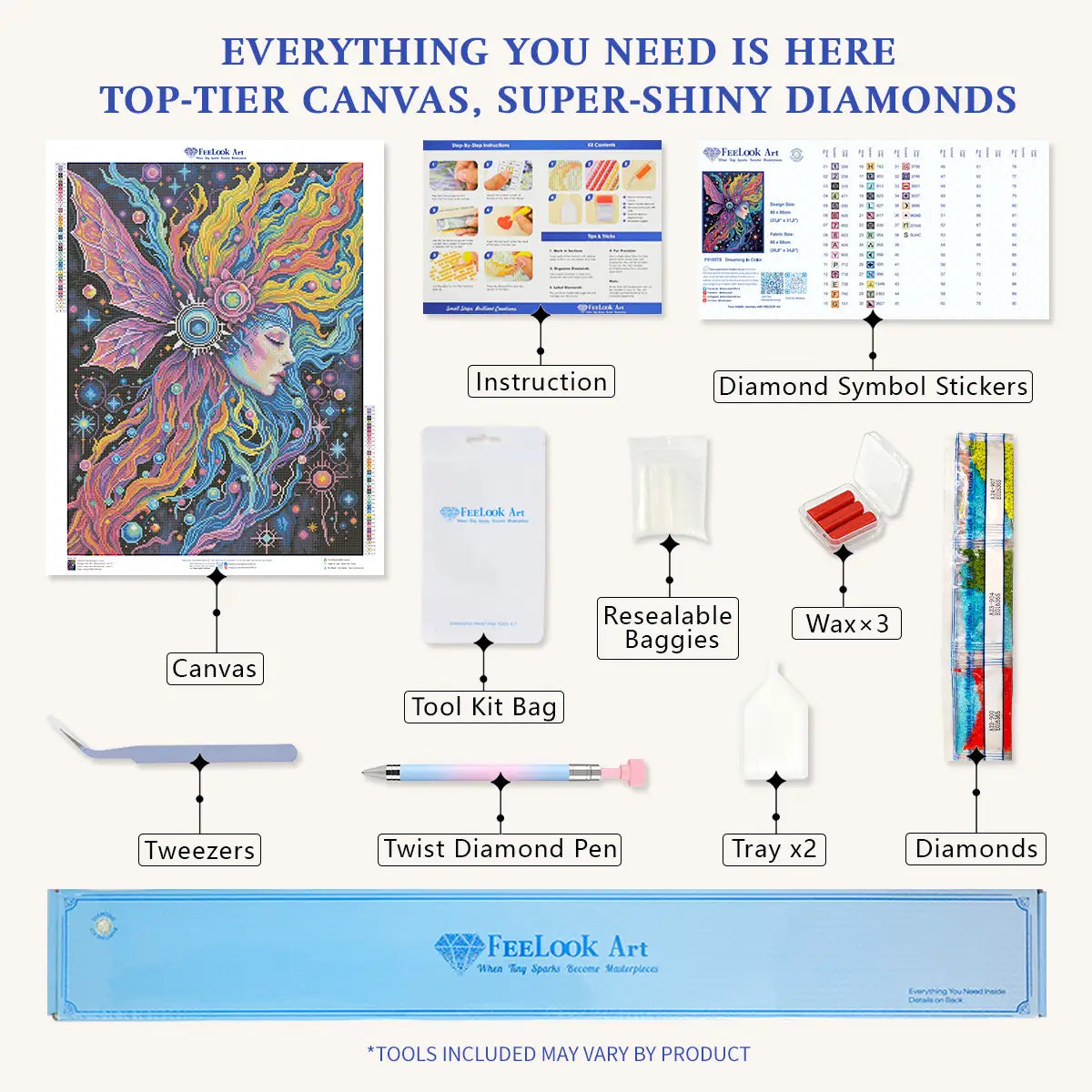 Dreaming In Color diamond painting kit with canvas, tools, three AB drills and one neon drill - FEELOOK Art