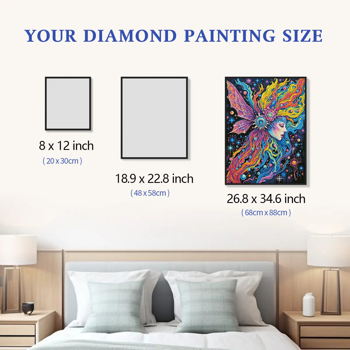 Dreaming In Color diamond painting size chart showing fantasy artwork scale for home wall decor - FEELOOK Art