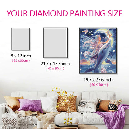  Size comparison for Dreamlike Fairy diamond painting kit, showing the artwork's proportions in a room with diamond art designs.