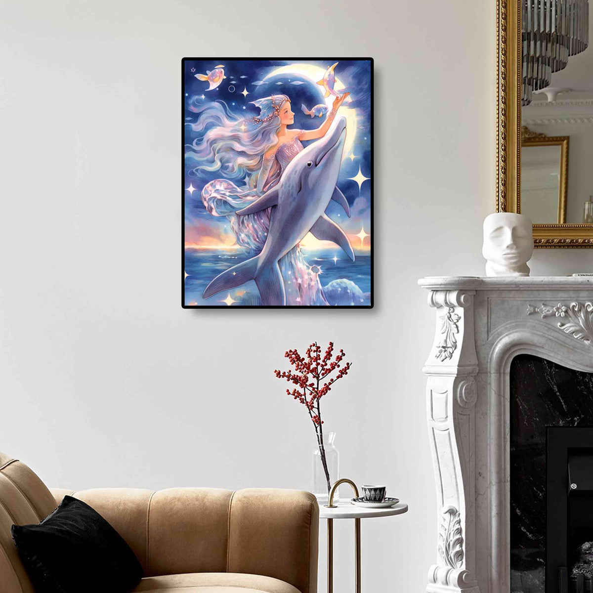 Dreamlike Fairy diamond painting kit displayed as wall art in a cozy living space, adding a touch of whimsy and charm with diamond painting designs.