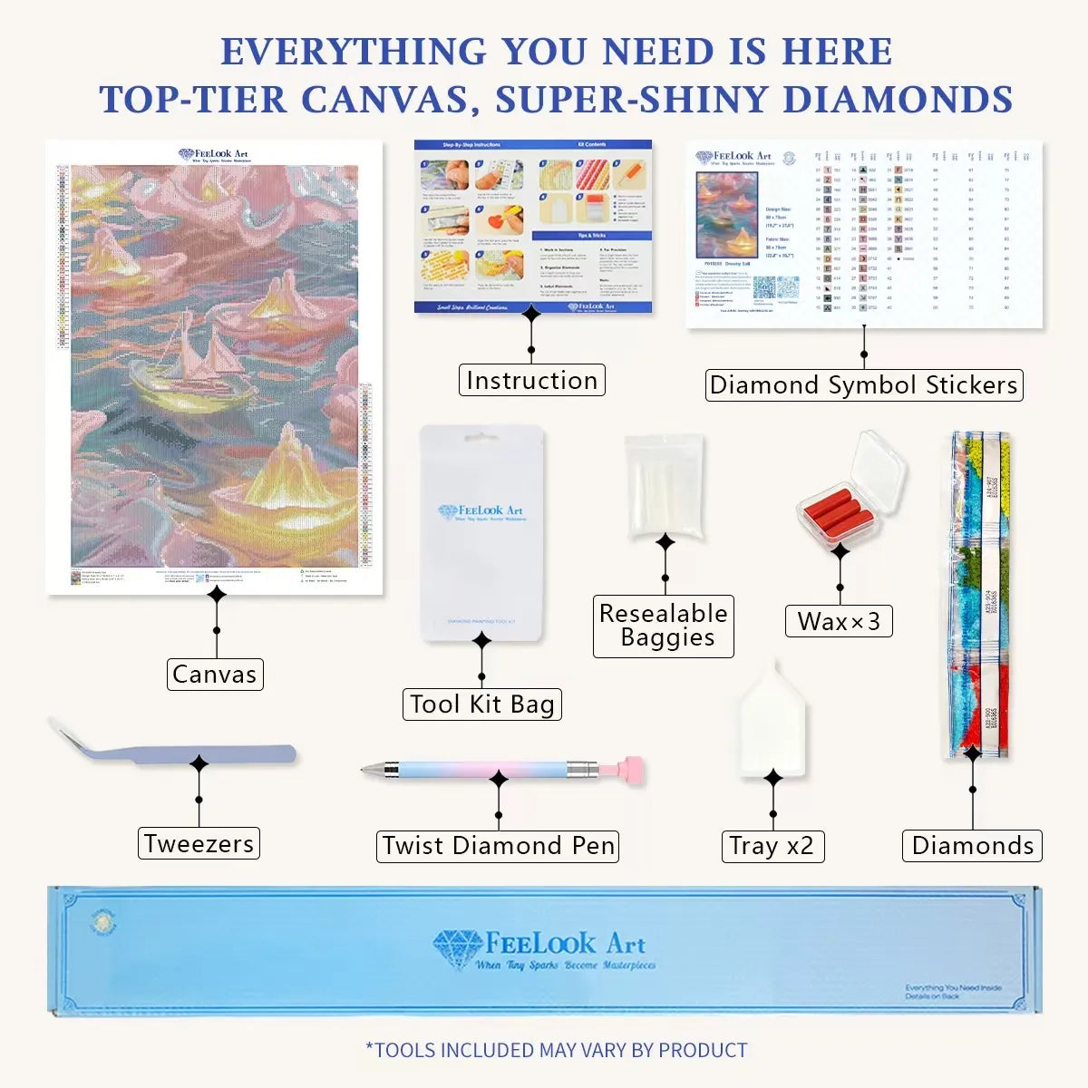 Dreamy Sail diamond painting kit contents, complete DIY diamond art supplies - FEELOOK Art