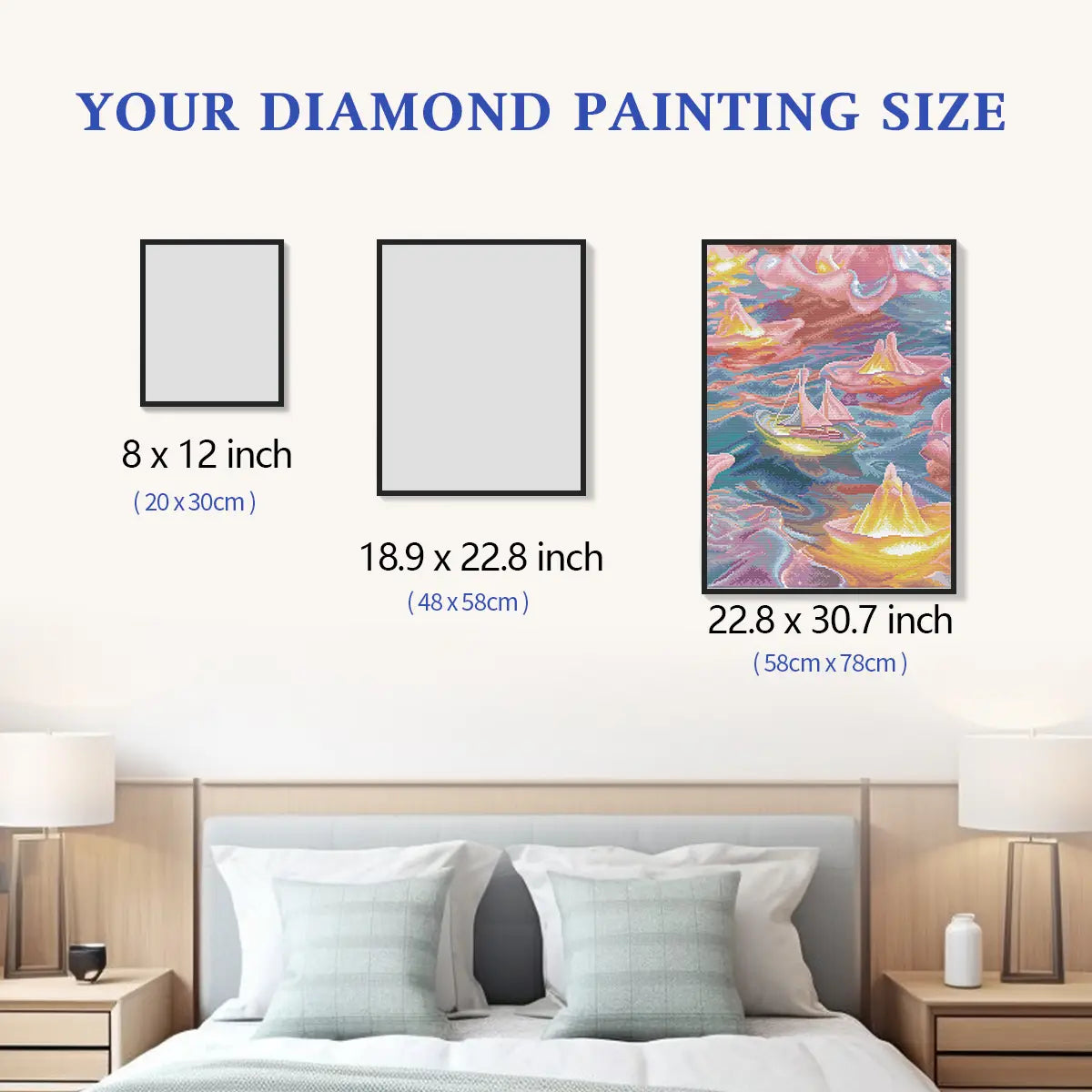 Dreamy Sail diamond painting size comparison chart,  standard and custom size reference for DIY craft - FEELOOK Art