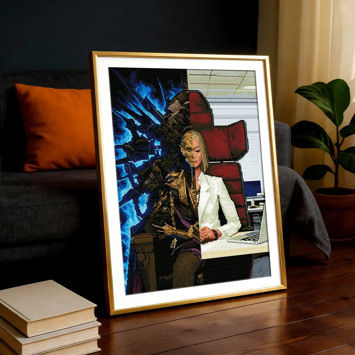 Dual Identity 5D diamond painting in living room: adds imaginative dual-scene charm - FEELOOK Art