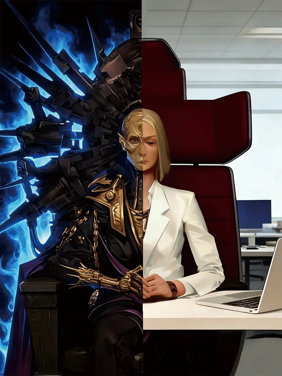 Main image of Dual Identity 5D diamond painting: split-scene of real office & magical warrior - FEELOOK Art
