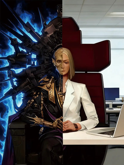 Main image of Dual Identity 5D diamond painting: split-scene of real office & magical warrior - FEELOOK Art