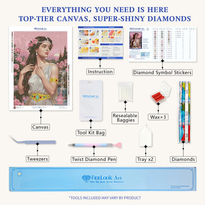 Eternal Love diamond painting kit contents including canvas diamonds tools trays wax pen tweezers and instructions - FEELOOK Art