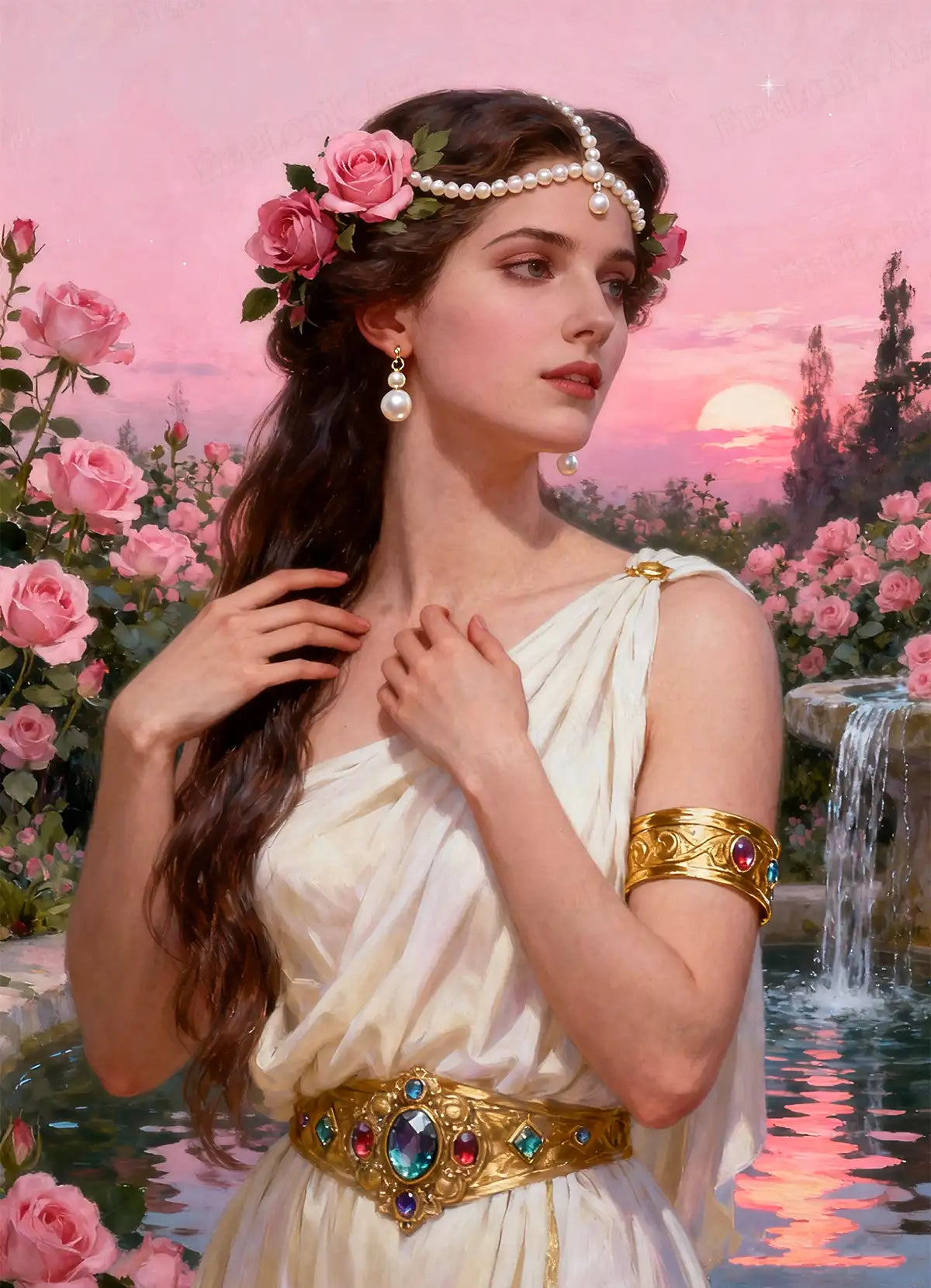 Eternal Love diamond painting artwork featuring a romantic goddess surrounded by roses under a pink sunset sky - FEELOOK Art