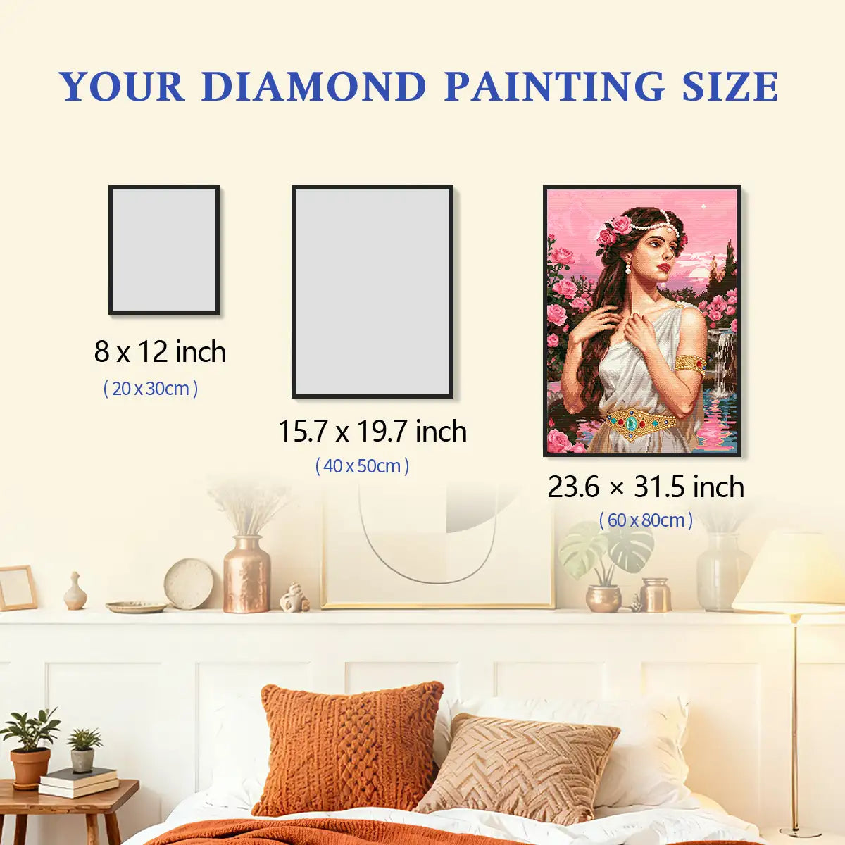 Eternal Love diamond painting size comparison chart showing 20x30cm 40x50cm and 60x80cm canvas options - FEELOOK Art