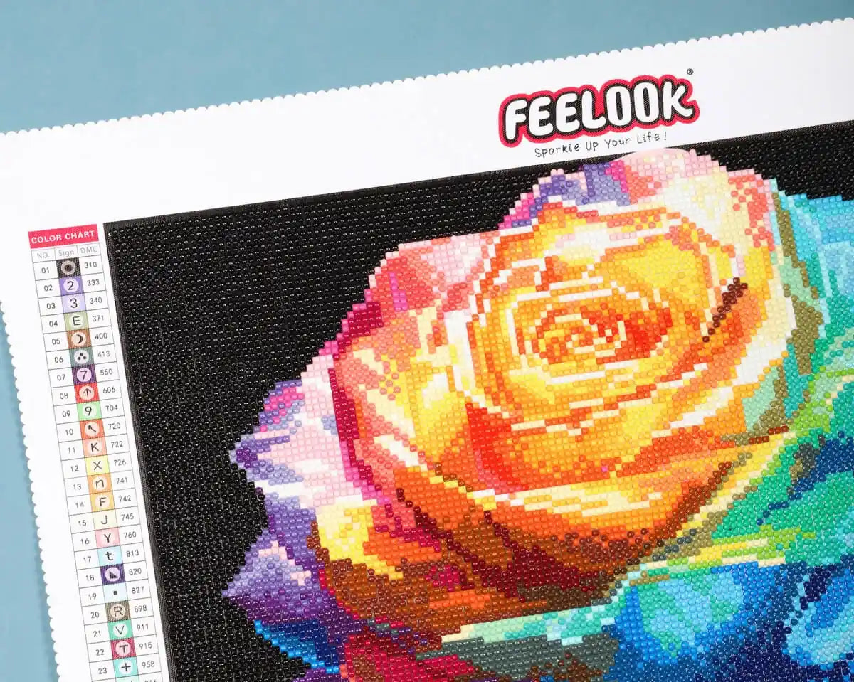 Close-up of shimmering rose petals in Eternal Rose diamond painting art.