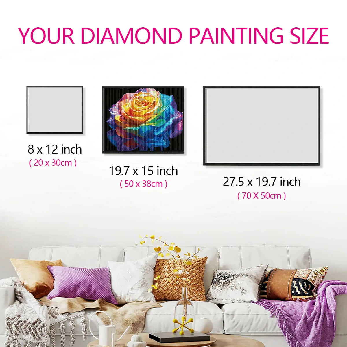 Wall-mounted Eternal Rose diamond painting size guide in a living room.