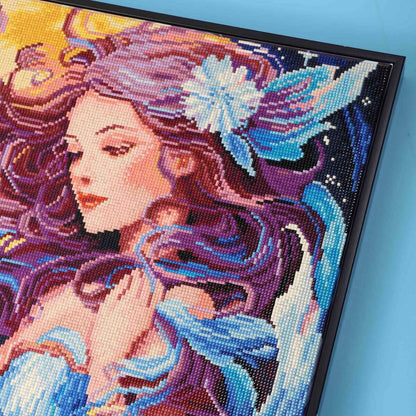 Close-up of the Ethereal Girl diamond painting kit, highlighting the detailed diamond art gems and soft, glowing colors of the design.