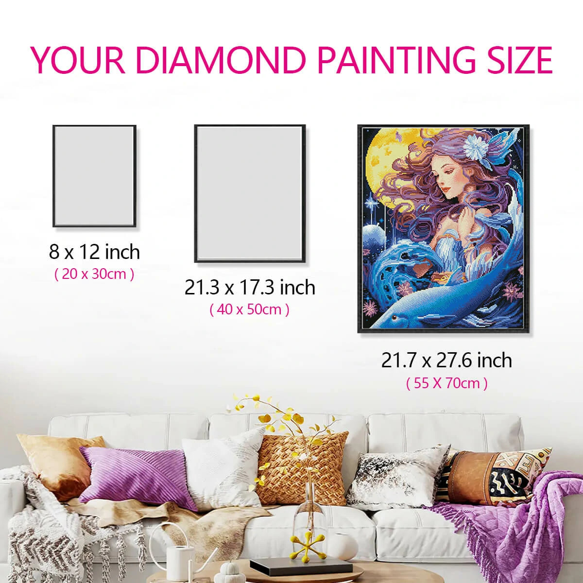 Size comparison for Ethereal Girl diamond painting kit, showing the artwork's proportions in a room with diamond art designs.