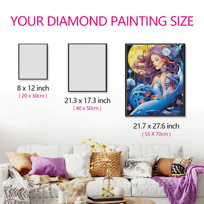 Size comparison for Ethereal Girl diamond painting kit, showing the artwork's proportions in a room with diamond art designs.
