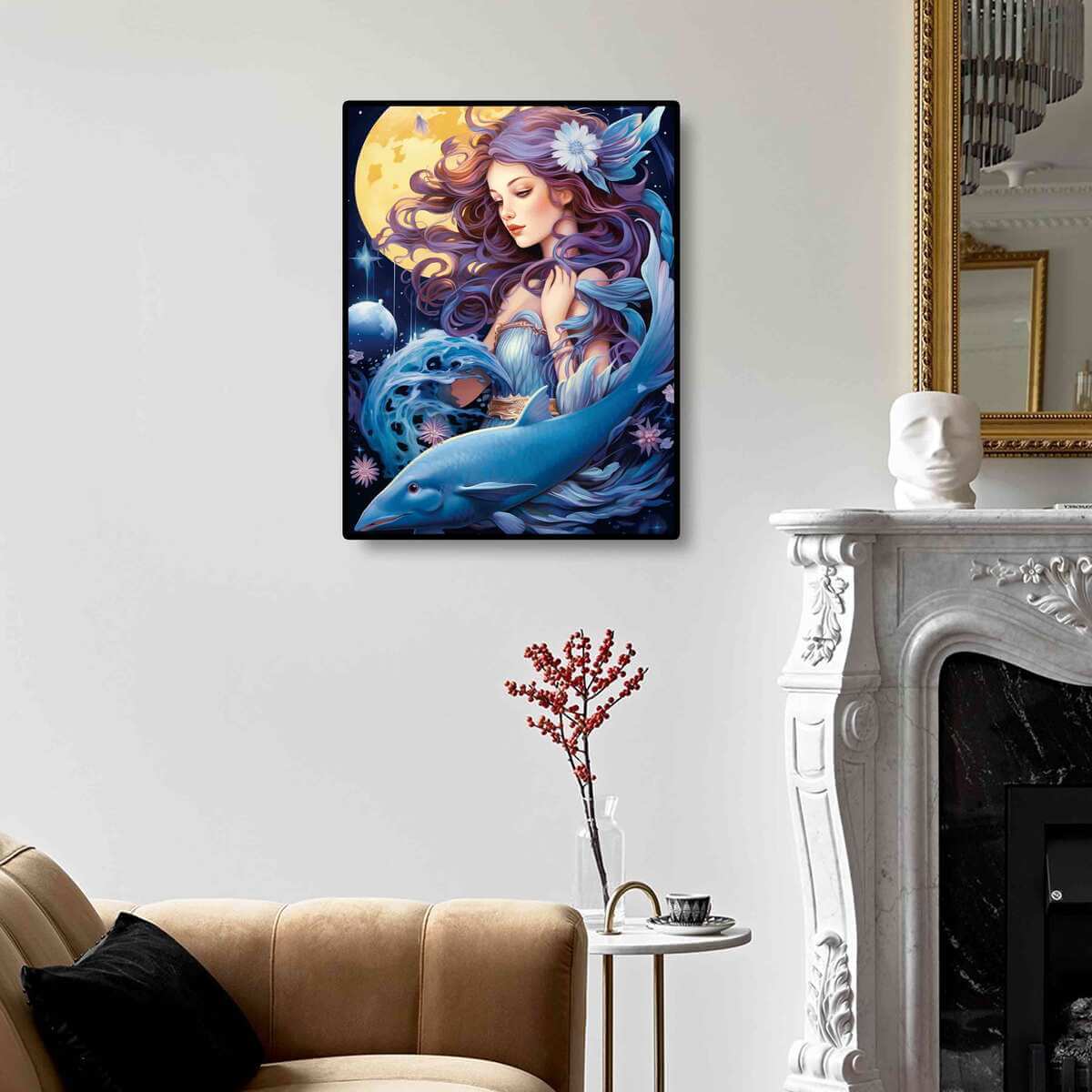 Ethereal Girl diamond painting kit displayed as wall art, bringing a tranquil, mystical ambiance with diamond art designs.