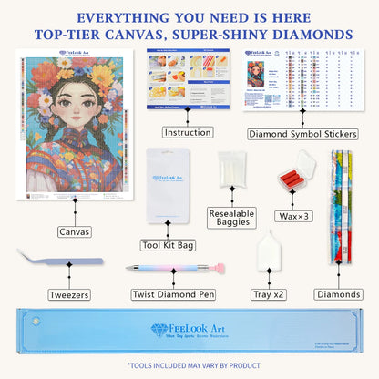 Ethnic Chic Girl diamond painting kit with full drill canvas, resin drills, AB drills and DIY tools - FEELOOK Art