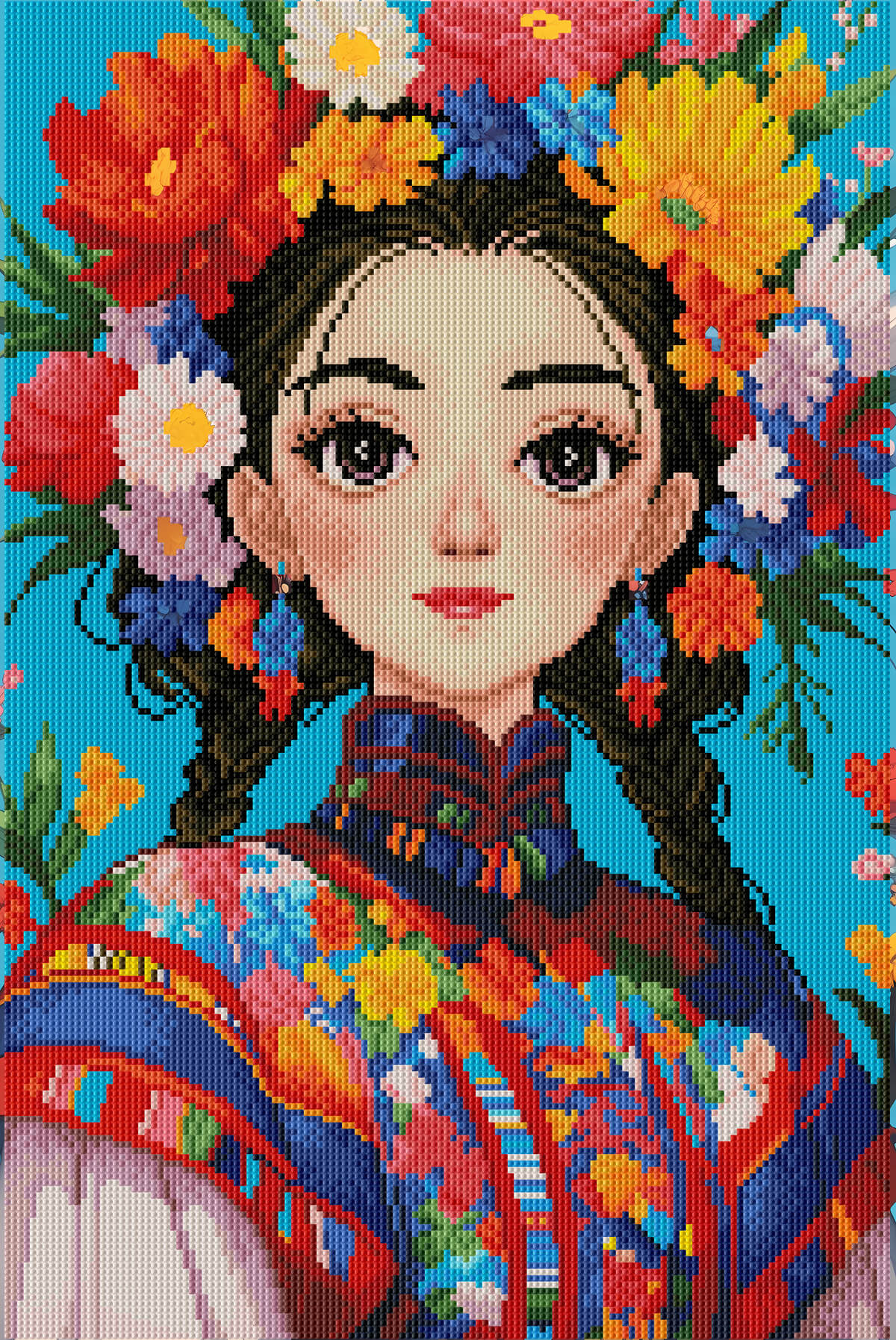Rendered view of the Ethnic Chic Girl diamond painting kit, displaying intricate details of the design and colorful diamond painting gems.